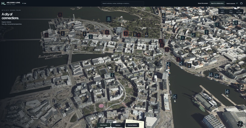 Helsinki Lensin 3D-kaupunkinäkymä, jossa näkyy AIS-aluksia, joukkoliikennettä ja kartan tietokerroksia.