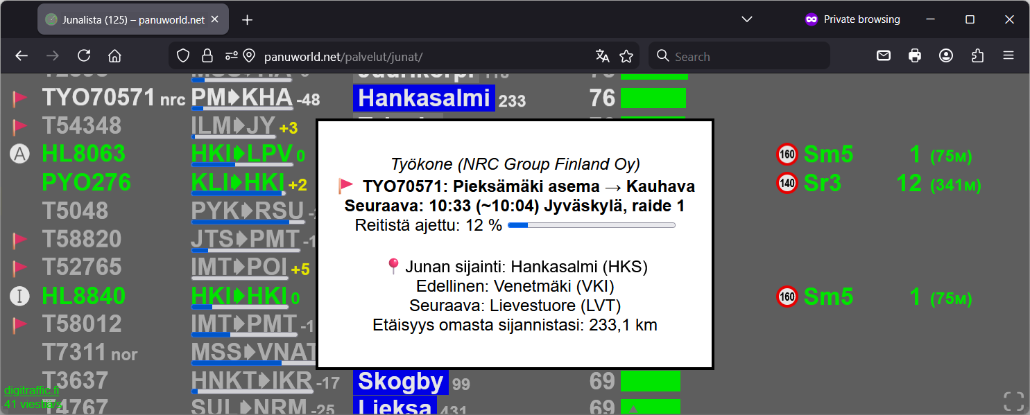 Junalista näyttää myös työkoneet ja muut rataverkolla kulkevat kohteet