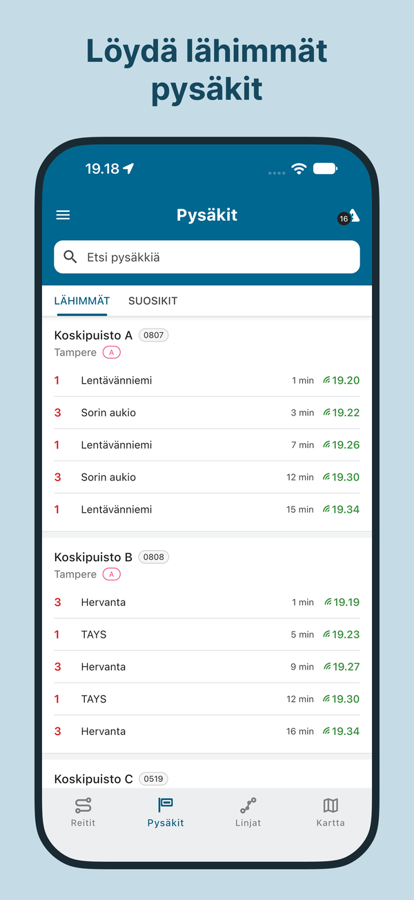 Nysse-sovelluksen kuvakaappaus